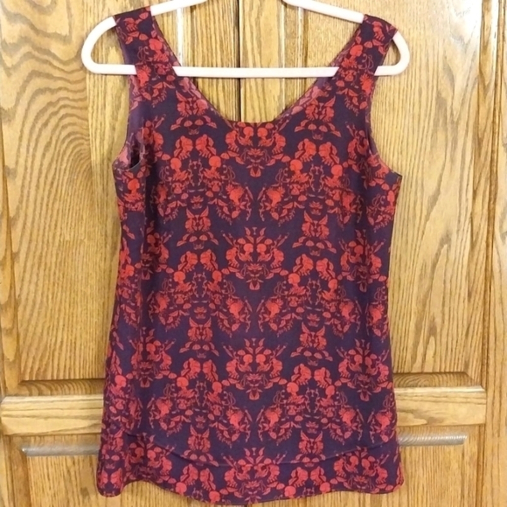 CAbi‎ Women's Cameo Layered Split Fly Away Back Top Size Small Red Purple Print